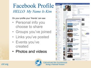 Facebook Profile On your profile your ‘friends’ can see: Personal info you choose to share Groups you’ve joined Links you’ve posted Events you’ve created Photos and videos HELLO  My Name Is Kim 