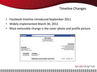 Timeline Changes

• Facebook timeline introduced September 2011
• Widely implemented March 30, 2012
• Most noticeable change is the cover photo and profile picture.
 