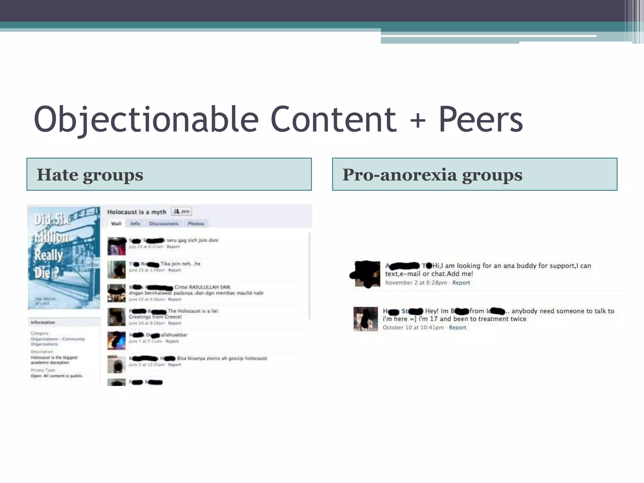 Objectionable Content + PeersHate groupsPro-anorexia groups