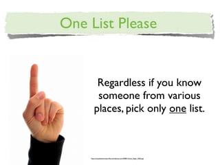Regardless if you know
    someone from various
   places, pick only one list.



http://completeinnovator.ﬁles.wordpress.com/2008/12/one_ﬁnger_350o.jpg
 