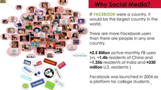 4
Why Social Media?
IF FACEBOOK were a country, it
would be the largest country in the
world.
There are more Facebook user...