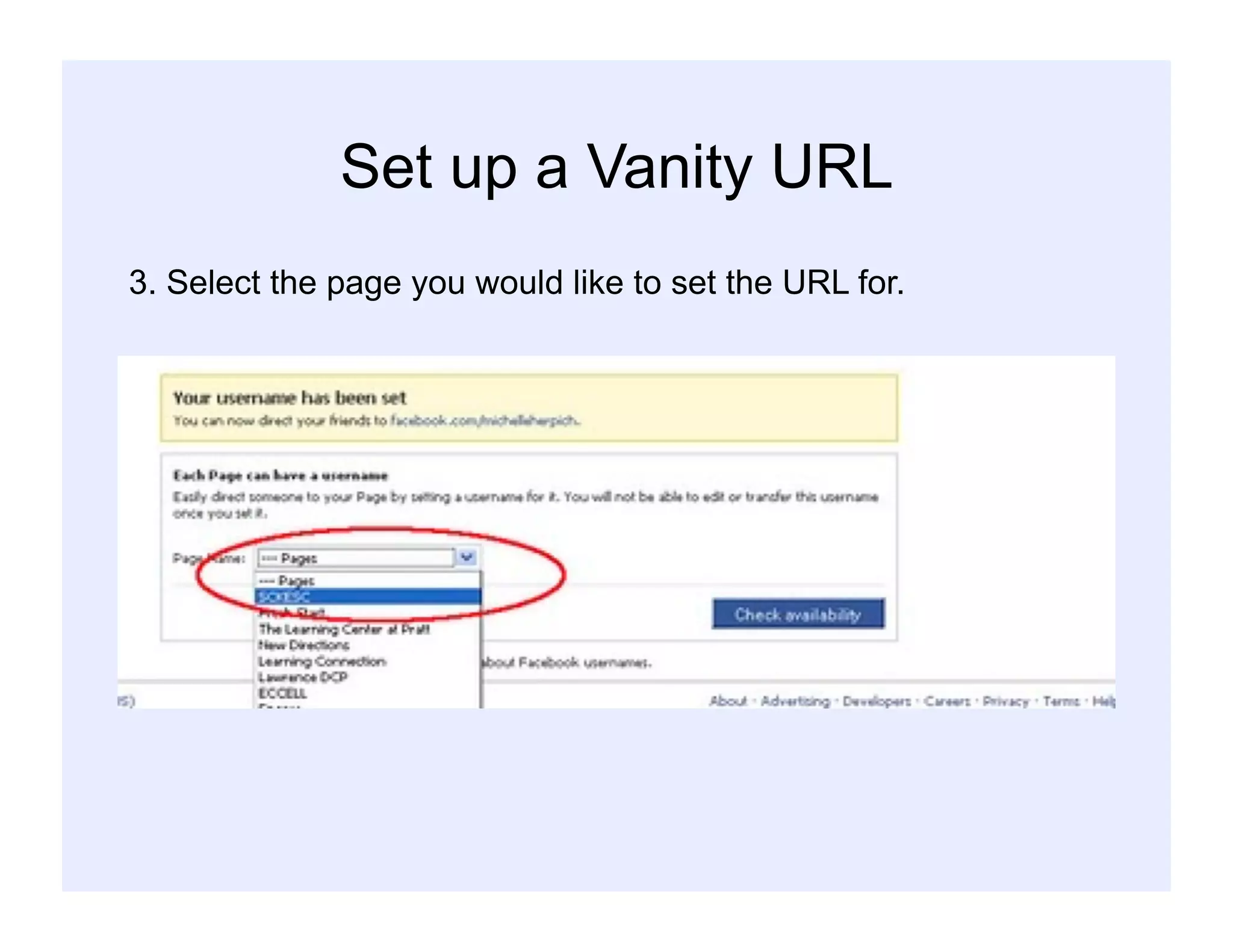 Set up a Vanity URL
3. Select the page you would like to set the URL for.
 