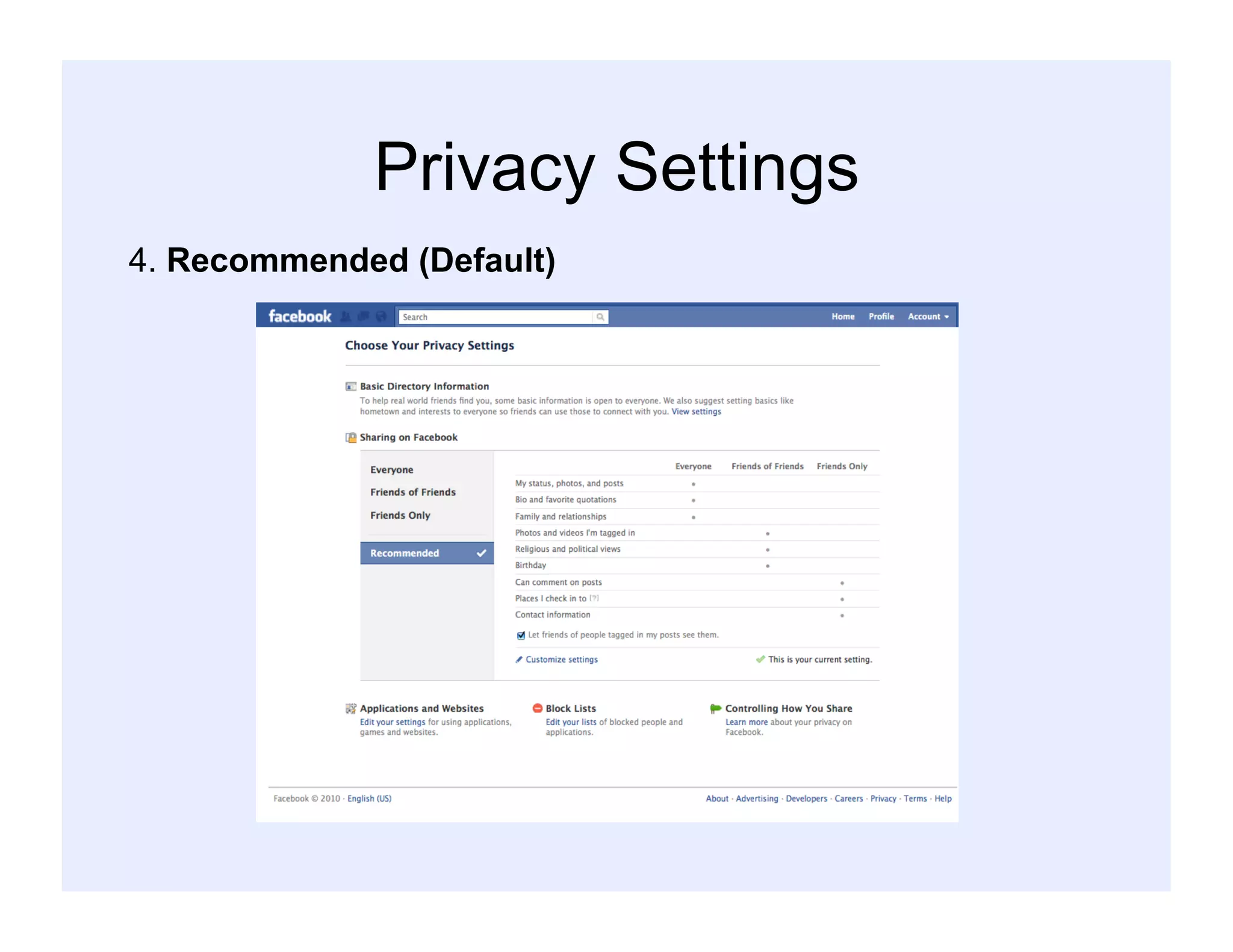 Privacy Settings
4. Recommended (Default)
 