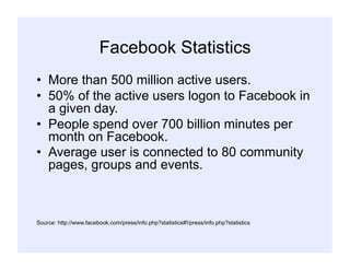 Facebook Statistics
•  More than 500 million active users.
•  50% of the active users logon to Facebook in
a given day.
•  People spend over 700 billion minutes per
month on Facebook.
•  Average user is connected to 80 community
pages, groups and events.
Source: http://www.facebook.com/press/info.php?statistics#!/press/info.php?statistics
 