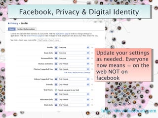 Update your settings as needed. Everyone now means = on the web NOT on facebook http://www.facebook.com 