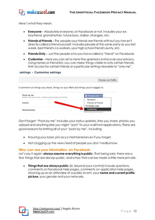 The Unofficial Facebook Privacy Manual
http://netsavoir.com/ | Angela Alcorn
MakeUseOf.com P a g e 10
Here’s what they mean:
Everyone – Absolutely everyone, on Facebook or not. Includes your ex-
boyfriend, grandmother, future boss, stalker, strangers, etc.
Friends of Friends – The people your friends are friends with but you haven't
directly called a friend yourself. Includes peopleat the same party as you last
week, best friend's co-workers, your high school friend's aunty, etc.
Friends Only – Just the people who you havecalled a ―friend‖ on Facebook.
Customise – Here you can set a more fine-grained control over your privacy.
Using names or friend lists, you can make things visible to only certain friends,
limit access for certain friends or a particular setting viewable to ―only me‖.
Don't forget: ―Posts by me‖ includes your status updates, links you share, photos you
upload and anything else you might ―post‖ to your wall fromapplications. There are
good reasons for limiting all of your ―posts by me‖, including:
Ensuring your basic privacy is maintained even if you forget.
Not clogging up the news feed of people you don’t really know.
Who can see your information on Facebook
Let’s say it again: always assume everything is public. That being said, there are a
few things that are always public, and a few that can be made a little more private:
Things that are always public (ie, beyond your control) include questions,
comments on Facebook help pages, comments on application help pages,
showing up as an attendee at a public event, your name and current profile
picture, your gender and your networks.
 