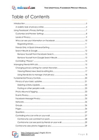 The Unofficial Facebook Privacy Manual
http://netsavoir.com/ | Angela Alcorn
MakeUseOf.com P a g e 3
Table of Contents
Introduction..........................................................................................................................5
A realistic look at privacy online ....................................................................................5
Using Facebook’s Privacy Settings....................................................................................7
Customise and Preview Settings ....................................................................................8
Levels of Privacy...............................................................................................................9
Who can see your information on Facebook............................................................10
Regarding Minors........................................................................................................11
Friends Only: A Quick Universal Setting.......................................................................11
Search Results & Google...............................................................................................12
Remove Yourself From Facebook Search...............................................................12
Remove Yourself from Google Search Results .......................................................13
Controlling ―Places‖.......................................................................................................14
Managing Friends With Lists..............................................................................................15
Changing privacy settings for certain friend lists.......................................................15
Viewing filtered news feed & editing lists................................................................17
Using friends lists to manage chat privacy .............................................................18
Fundamental Privacy Controls.........................................................................................20
Privacy of your basic updates......................................................................................21
Deleting a Status Update..........................................................................................22
Posting on other people's walls ................................................................................23
Photo Albums & Tagging...............................................................................................23
Events Privacy.................................................................................................................24
Facebook Message Privacy .........................................................................................25
Networks..........................................................................................................................26
Groups..............................................................................................................................26
Pages ...............................................................................................................................26
Questions.........................................................................................................................27
Controlling who can write on your wall ......................................................................27
Control who can comment on posts ......................................................................28
Control who can see posts by friends on your wall...............................................29
Control who sees photos tagged as you....................................................................29
 