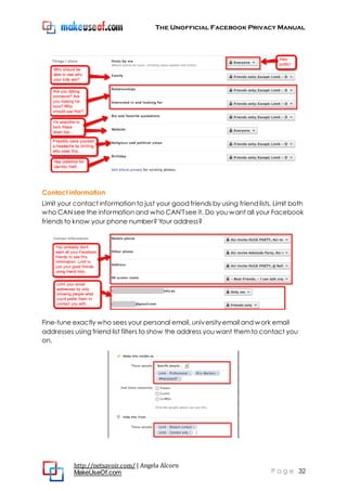 The Unofficial Facebook Privacy Manual
http://netsavoir.com/ | Angela Alcorn
MakeUseOf.com P a g e 32
Contact information
Limit your contact information to just your good friends by using friend lists. Limit both
who CAN see the information and who CAN'Tsee it. Do you want all your Facebook
friends to know your phone number? Your address?
Fine-tune exactly who sees your personal email, university email and work email
addresses using friend list filters to show the address you want themto contact you
on.
 