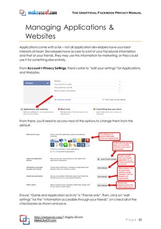 The Unofficial Facebook Privacy Manual
http://netsavoir.com/ | Angela Alcorn
MakeUseOf.com P a g e 42
Managing Applications &
Websites
Applications come with a risk – not all application developers have your best
interests at heart. Developers have access to a lot of your Facebook information
and that of your friends. They may use this information for marketing, or they could
use it for something else entirely.
From Account > Privacy Settings, there's a link to ―edit your settings‖ for Applications
and Websites.
From there, you'll need to access most of the options to change them from the
default.
Ensure ―Game and Application activity‖ is ―Friends only‖. Then, click on ―edit
settings‖ for the ―Information accessible through your friends‖. Un-check all of the
checkboxes as shown and save.
 