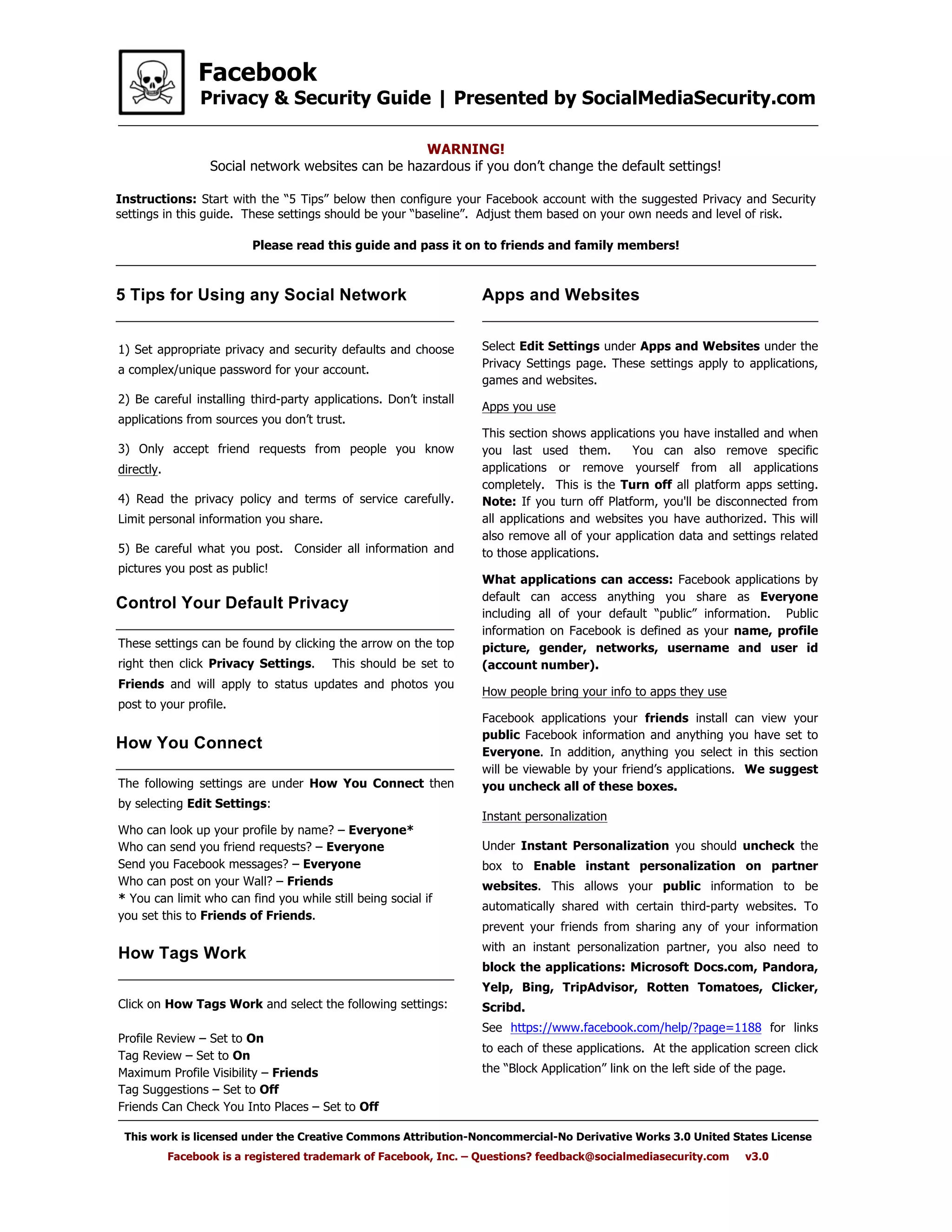 Facebook
Privacy & Security Guide | Presented by SocialMediaSecurity.com
This work is licensed under the Creative Commons Attribution-Noncommercial-No Derivative Works 3.0 United States License
Facebook is a registered trademark of Facebook, Inc. – Questions? feedback@socialmediasecurity.com v3.0
1) Set appropriate privacy and security defaults and choose
a complex/unique password for your account.
2) Be careful installing third-party applications. Don’t install
applications from sources you don’t trust.
3) Only accept friend requests from people you know
directly.
4) Read the privacy policy and terms of service carefully.
Limit personal information you share.
5) Be careful what you post. Consider all information and
pictures you post as public!
The following settings are under How You Connect then
by selecting Edit Settings:
Who can look up your profile by name? – Everyone*
Who can send you friend requests? – Everyone
Send you Facebook messages? – Everyone
Who can post on your Wall? – Friends
* You can limit who can find you while still being social if
you set this to Friends of Friends.
How You Connect
5 Tips for Using any Social Network
WARNING!
Social network websites can be hazardous if you don’t change the default settings!
Instructions: Start with the “5 Tips” below then configure your Facebook account with the suggested Privacy and Security
settings in this guide. These settings should be your “baseline”. Adjust them based on your own needs and level of risk.
Please read this guide and pass it on to friends and family members!
Apps and Websites
Select Edit Settings under Apps and Websites under the
Privacy Settings page. These settings apply to applications,
games and websites.
Apps you use
This section shows applications you have installed and when
you last used them. You can also remove specific
applications or remove yourself from all applications
completely. This is the Turn off all platform apps setting.
Note: If you turn off Platform, you'll be disconnected from
all applications and websites you have authorized. This will
also remove all of your application data and settings related
to those applications.
What applications can access: Facebook applications by
default can access anything you share as Everyone
including all of your default “public” information. Public
information on Facebook is defined as your name, profile
picture, gender, networks, username and user id
(account number).
How people bring your info to apps they use
Facebook applications your friends install can view your
public Facebook information and anything you have set to
Everyone. In addition, anything you select in this section
will be viewable by your friend’s applications. We suggest
you uncheck all of these boxes.
Instant personalization
Under Instant Personalization you should uncheck the
box to Enable instant personalization on partner
websites. This allows your public information to be
automatically shared with certain third-party websites. To
prevent your friends from sharing any of your information
with an instant personalization partner, you also need to
block the applications: Microsoft Docs.com, Pandora,
Yelp, Bing, TripAdvisor, Rotten Tomatoes, Clicker,
Scribd.
See https://www.facebook.com/help/?page=1188 for links
to each of these applications. At the application screen click
the “Block Application” link on the left side of the page.
Click on How Tags Work and select the following settings:
Profile Review – Set to On
Tag Review – Set to On
Maximum Profile Visibility – Friends
Tag Suggestions – Set to Off
Friends Can Check You Into Places – Set to Off
How Tags Work
Control Your Default Privacy
These settings can be found by clicking the arrow on the top
right then click Privacy Settings. This should be set to
Friends and will apply to status updates and photos you
post to your profile.
 