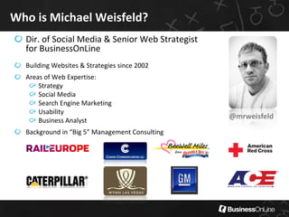 Who is Michael Weisfeld?
Dir. of Social Media & Senior Web Strategist
for BusinessOnLine
Building Websites & Strategies si...