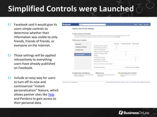 Simplified Controls were Launched
Facebook said it would give its
users simple controls to
determine whether their
informa...