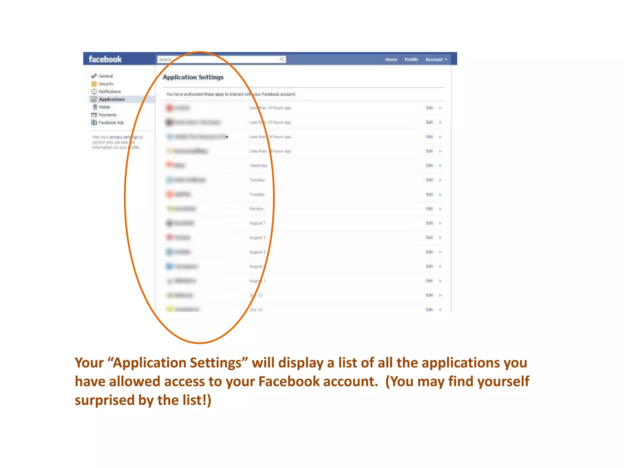 Your “Application Settings” will display a list of all the applications you have allowed access to your Facebook account.  (You may find yourself surprised by the list!)