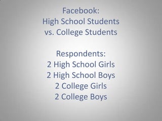 Facebook:High School Students vs. College StudentsRespondents: 2 High School Girls2 High School Boys2 College Girls2 College Boys 