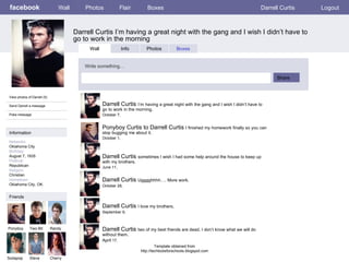 facebook Darrell Curtis I’m having a great night with the gang and I wish I didn’t have to go to work in the morning Wall Photos Flair Boxes Darrell Curtis Logout View photos of Darrell (5) Send Darrell a message Poke message Wall Info Photos Boxes Write something… Share Information Networks : Oklahoma City Birthday: August 7, 1935 Political: Republican Religion: Christian Hometown: Oklahoma City, OK. Friends Ponyboy Two-Bit Randy Sodapop Steve Darrell Curtis  I’m   having a great night with the gang and I wish I didn’t have to go to work in the morning. October 7,  Cherry Ponyboy Curtis to Darrell Curtis  I finished my homework finally so you can stop bugging me about it.  October 1,  Darrell Curtis  sometimes I wish I had some help around the house to keep up with my brothers. June 11,  Darrell Curtis  Ugggghhhh…. More work.  October 28,  Darrell Curtis  I love my brothers. September 9,  Darrell Curtis  two of my best friends are dead. I don’t know what we will do without them. April  17,  Template obtained from http://techtoolsforschools.blogspot.com 