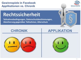 14
Gewinnspiele in Facebook
Applikationen vs. Chronik
Rechtssicherheit
CHRONIK APPLIKATION
Teilnahmebedingungen, Datenschutzbestimmungen,
Absicherung gegenüber Teilnehmer, Alterschutz
 