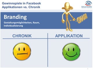 6
Gewinnspiele in Facebook
Applikationen vs. Chronik
Branding
CHRONIK APPLIKATION
Gestaltungsmöglichkeiten, Raum,
Individualisierung
 
