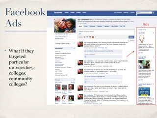 Facebook
Ads

✤   What if they
    targeted
    particular
    universities,
    colleges,
    community
    colleges?
 