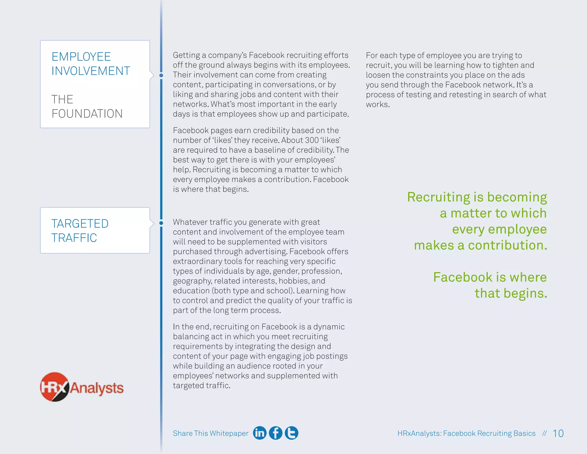 Share This Whitepaper 10
HRxAnalysts:Facebook Recruiting Basics //
EMPLOYEE
INVOLVEMENT
THE
FOUNDATION
Getting a company’s Facebook recruiting efforts
off the ground always begins with its employees.
Their involvement can come from creating
content, participating in conversations, or by
liking and sharing jobs and content with their
networks. What’s most important in the early
days is that employees show up and participate.
Facebook pages earn credibility based on the
number of ‘likes’ they receive. About 300 ‘likes’
are required to have a baseline of credibility.The
best way to get there is with your employees’
help. Recruiting is becoming a matter to which
every employee makes a contribution. Facebook
is where that begins.
Whatever traffic you generate with great
content and involvement of the employee team
will need to be supplemented with visitors
purchased through advertising. Facebook offers
extraordinary tools for reaching very specific
types of individuals by age, gender, profession,
geography, related interests, hobbies, and
education (both type and school). Learning how
to control and predict the quality of your traffic is
part of the long term process.
In the end, recruiting on Facebook is a dynamic
balancing act in which you meet recruiting
requirements by integrating the design and
content of your page with engaging job postings
while building an audience rooted in your
employees’ networks and supplemented with
targeted traffic.
For each type of employee you are trying to
recruit, you will be learning how to tighten and
loosen the constraints you place on the ads
you send through the Facebook network. It’s a
process of testing and retesting in search of what
works.
Recruiting is becoming
a matter to which
every employee
makes a contribution.
Facebook is where
that begins.
TARGETED
TRAFFIC
 