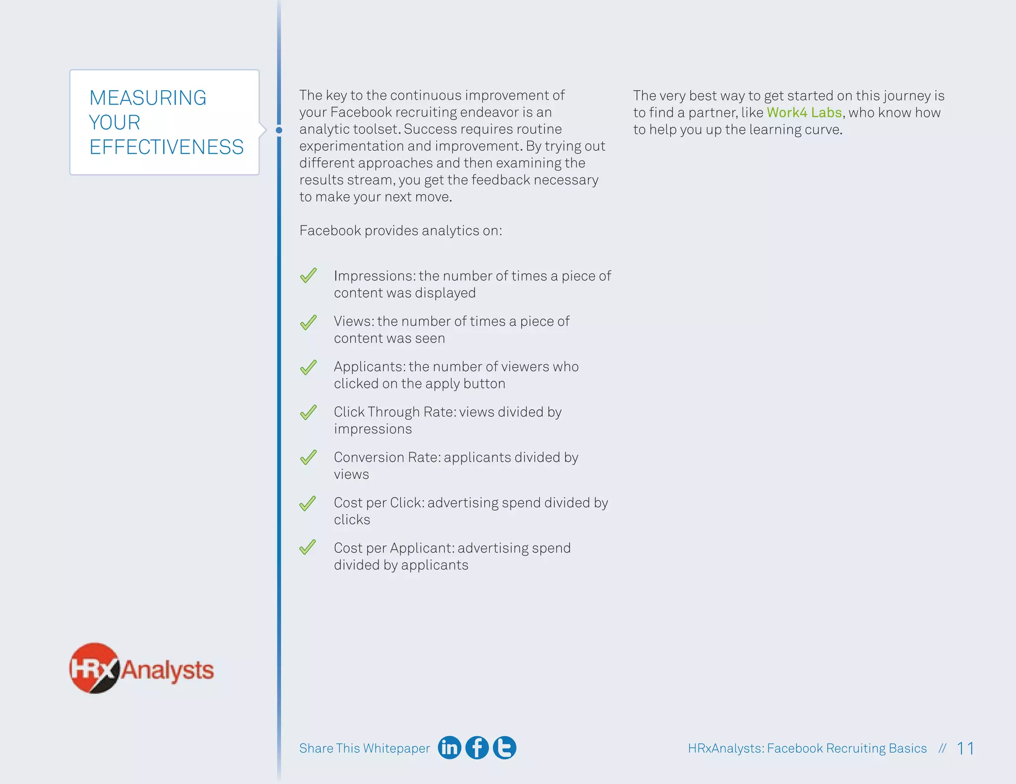 Share This Whitepaper 11
HRxAnalysts:Facebook Recruiting Basics //
MEASURING
YOUR
EFFECTIVENESS
The key to the continuous improvement of
your Facebook recruiting endeavor is an
analytic toolset. Success requires routine
experimentation and improvement. By trying out
different approaches and then examining the
results stream, you get the feedback necessary
to make your next move.
Facebook provides analytics on:
Impressions:the number of times a piece of
content was displayed
Views:the number of times a piece of
content was seen
Applicants:the number of viewers who
clicked on the apply button
Click Through Rate:views divided by
impressions
Conversion Rate:applicants divided by
views
Cost per Click:advertising spend divided by
clicks
Cost per Applicant:advertising spend
divided by applicants
The very best way to get started on this journey is
to find a partner, like Work4 Labs, who know how
to help you up the learning curve.
 