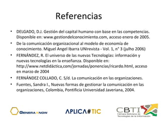 Referencias
• DELGADO, D.J. Gestión del capital humano con base en las competencias.
Disponible en: www.gestiondelconocimiento.com, acceso enero de 2005.
• De la comunicación organizacional al modelo de economía de
conocimiento. Miguel Angel Ibarra UNIrevista - Vol. 1, n° 3 (julho 2006)
• FERNÁNDEZ, R. El universo de las nuevas Tecnologías: información y
nuevas tecnologías en la enseñanza. Disponible en:
http://www.netdidáctica,com/jornadas/ponencias/ricardo.html, acceso
en marzo de 2004
• FERNÁNDEZ COLLADO, C. S/d. La comunicación en las organizaciones.
• Fuentes, Sandra I., Nuevas formas de gestionar la comunicación en las
organizaciones, Colombia, Pontificia Universidad Javeriana, 2004.
 
