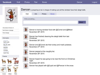facebook
Dancer is preparing to be in charge of making sure all the reindeer have their sleigh bells.
Wall Photos Flair Boxes Dancer Logout
View photos of Dancer (7)
Send Dancer a message
Poke message
Wall Info Photos Boxes
Write something…
Share
Information
Networks:
North pole
Birthday:
May 29, 2000
Political:
Republic
Religion:
Christian
Hometown:
North Pole
Friends
Cupid Prancer Rudolph
Comet Blitzer
Dancer is having reindeer food with @Comet and @Blitzer
November 28th
2015
Vixen
Dancer has finished cleaning the sleigh bells from last
Christmas
November 28th
2015
Dancer and @Comet ate their turkey and mash potatoes.
November 27th
2015
Dancer peeped at the naughty list.
November 26th
2015
Dancer hoped he was going to be near the front on Christmas
night.
November 25th
2015
Dancer has played with @Cupid and @Prancer in the snow.
 
