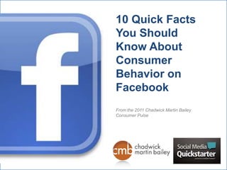 10 Quick Facts You Should Know About Consumer Behavior on FacebookFrom the 2011 Chadwick Martin Bailey Consumer Pulse 