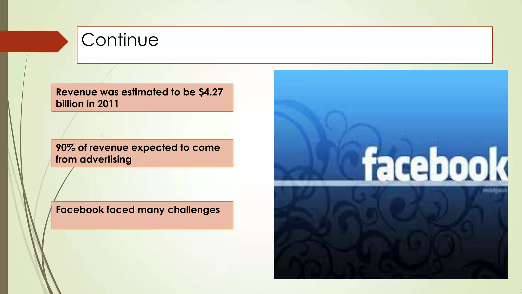 Continue
Revenue was estimated to be $4.27
billion in 2011
90% of revenue expected to come
from advertising
Facebook faced many challenges
 