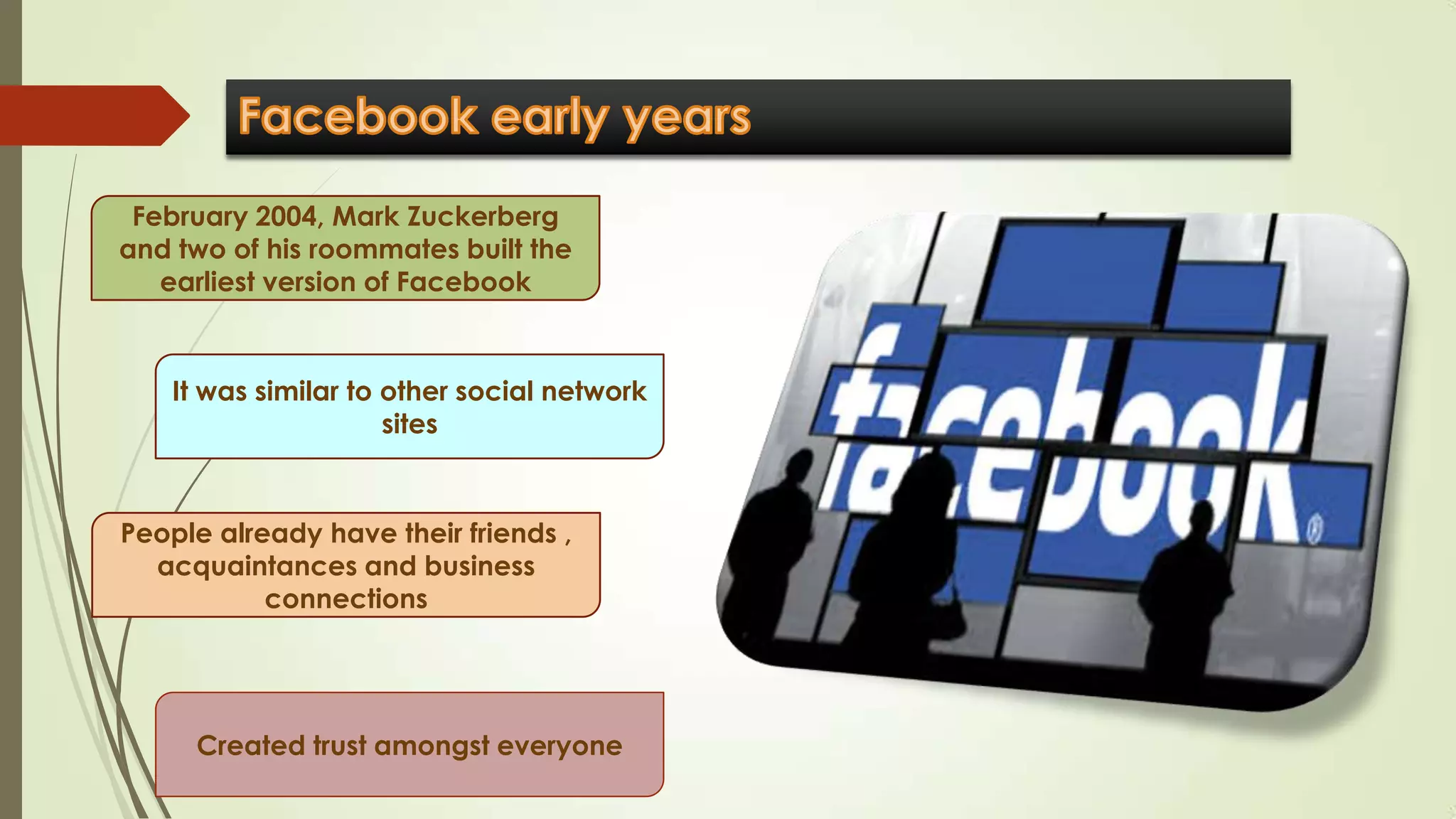 February 2004, Mark Zuckerberg
and two of his roommates built the
earliest version of Facebook
It was similar to other social network
sites
People already have their friends ,
acquaintances and business
connections
Created trust amongst everyone
 