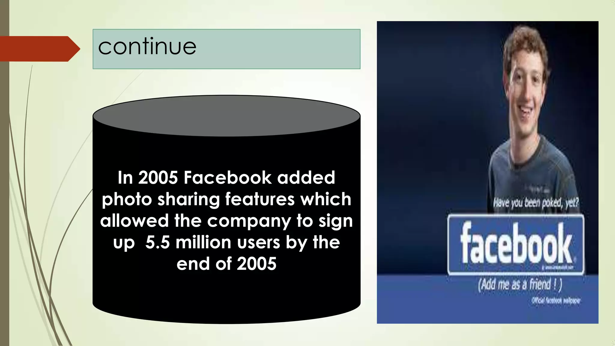 continue
In 2005 Facebook added
photo sharing features which
allowed the company to sign
up 5.5 million users by the
end of 2005
 