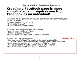 Social Media: FaceBook Presence
Creating a FaceBook page is more
complicated and requires you to join
FaceBook as an individual!
When you have a personal profile, you can choose between three types of
FaceBook “pages”:
3.Profile: Specifically for people
- No limit to “friends”
- Cannot advertise their profile

5.Group: used for specific groups of people
- Can be either public or private
- Limited to 5,000 members
- Cannot advertise to promote group membership

7.Page: Used for organizations                                      Best Choice
- Can add specific “apps” to create customized functionality
     + RSS Graffiti, publishes directly to Page from a site’s RSS Feed.
- No limit in the number of people who can “like’ the page
- Can advertise the Page to promote and create audience
- Can analyze with internal “Insights” analytics




                                      3
 
