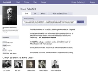 facebook Ernest Rutherford Wall Photos Flair Boxes Ernest Rutherford Logout View photos of Ernest Rutherford (5) Have a séance and send Rutherford a message! Wall Info Photos World Class Discoveries “ YOU ARE AN ALCHEMIST….NOT SURE ABOUT THE NUCLEUS!” Write something… Share Information Networks : Cambridge & London Birthday: August 30, 1871 Political: Tory* Religion: Church of England* Hometown: Spring Grove,  New Zealand Neils  Bohr In 1908 received the Nobel Prize in Chemistry for his work.   In 1898 Rutherford was appointed to the chair of physics at McGill University where he conducted basic research in chemistry.  He discovered Radon.   In 1919 he took over direction of the Cavendish Laboratory.   Won scholarship to study at Cambridge University in England.   In 1907 he set up a radiation center at the University of Manchester with Hans Geiger.   Frederick Soddy OTHER SCIENTISTS IN HIS ORBIT James Chadwick J.J. Thomson Robert Oppenheimer 
