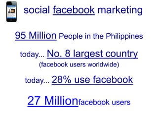 social facebook marketing

95 Million People in the Philippines
 today... No.   8 largest country
      (facebook users worldwide)

  today... 28%    use facebook

   27 Millionfacebook users
 