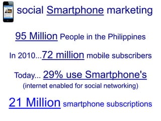 social Smartphone marketing

 95 Million People in the Philippines
In 2010...72   million mobile subscribers
 Today... 29%    use Smartphone's
   (internet enabled for social networking)

21 Million smartphone subscriptions
 