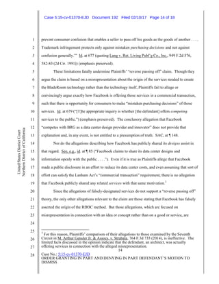 14
Case No.: 5:15-cv-01370-EJD
ORDER GRANTING IN PART AND DENYING IN PART DEFENDANT’S MOTION TO
DISMISS
1
2
3
4
5
6
7
8
9
10
11
12
13
14
15
16
17
18
19
20
21
22
23
24
25
26
27
28
UnitedStatesDistrictCourt
NorthernDistrictofCalifornia
prevent consumer confusion that enables a seller to pass off his goods as the goods of another . . . .
Trademark infringement protects only against mistaken purchasing decisions and not against
confusion generally.’” Id. at 677 (quoting Lang v. Ret. Living Publ’g Co., Inc., 949 F.2d 576,
582-83 (2d Cir. 1991)) (emphasis preserved).
These limitations fatally undermine Plaintiffs’ “reverse passing off” claim. Though they
argue the claim is based on a misrepresentation about the origin of the services needed to create
the BladeRoom technology rather than the technology itself, Plaintiffs fail to allege or
convincingly argue exactly how Facebook is offering those services in a commercial transaction,
such that there is opportunity for consumers to make “mistaken purchasing decisions” of those
services. Id. at 679 (“[T]he appropriate inquiry is whether [the defendant] offers competing
services to the public.”) (emphasis preserved). The conclusory allegation that Facebook
“competes with BRG as a data center design provider and innovator” does not provide that
explanation and, in any event, is not entitled to a presumption of truth. SAC, at ¶ 148.
Nor do the allegations describing how Facebook has publicly shared its designs assist in
that regard. See, e.g., id. at ¶ 85 (“Facebook claims to share its data center designs and
information openly with the public . . . .”). Even if it is true as Plaintiffs allege that Facebook
made a public disclosure in an effort to reduce its data center costs, and even assuming that sort of
effort can satisfy the Lanham Act’s “commercial transaction” requirement, there is no allegation
that Facebook publicly shared any related services with that same motivation.3
Since the allegations of falsely-designated services do not support a “reverse passing off”
theory, the only other allegations relevant to the claim are those stating that Facebook has falsely
asserted the origin of the RDDC method. But those allegations, which are focused on
misrepresentation in connection with an idea or concept rather than on a good or service, are
3
For this reason, Plaintiffs’ comparison of their allegations to those examined by the Seventh
Circuit in M. Arthur Gensler Jr. & Assocs. v. Strabala, 764 F.3d 735 (2014), is ineffective. The
limited facts discussed in the opinion indicate that the defendant, an architect, was actually
offering services in connection with the alleged misrepresentation.
Case 5:15-cv-01370-EJD Document 192 Filed 02/10/17 Page 14 of 18
 