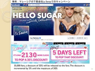 28
事例：マレーシアの下着会社La Senzaでのキャンペーン	
 
35,000 fans, a discount of 35% will be released to the fans.The discount is
incremental by 5% until the maximum of 50%(C)AsiaClick. Co. Ltd.
 