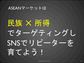 ASEANマーケットは
民族 ✕ 所得	
 
でターゲティングし	
 
SNSでリピーターを
育てよう！
(C)AsiaClick. Co. Ltd. 59
 