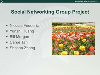 Social Networking Group Project Nicolas Friederici Yunzhi Huang Bill Morgan Carrie Tan Shasha Zhang 