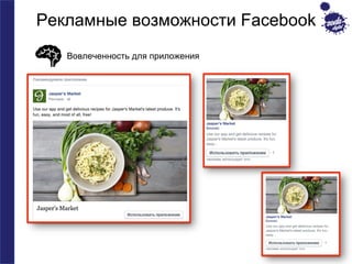 Рекламные возможности Facebook 
Вовлеченность для приложения 
 