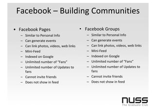 Facebook – Building Communities
• Facebook Pages                          • Facebook Groups
   – Similar to Personal Info                – Similar to Personal Info
   – Can generate events                     – Can generate events
   – Can link photos, videos, web links      – Can link photos, videos, web links
   – Mini-Feed                               – Mini-Feed
   – Indexed on Google                       – Indexed on Google
   – Unlimited number of “Fans”              – Unlimited number of “Fans”
   – Unlimited number of Updates to          – Unlimited number of Updates to
     fans                                      fans
   – Cannot invite friends                   – Cannot invite friends
   – Does not show in feed                   – Does not show in feed
 