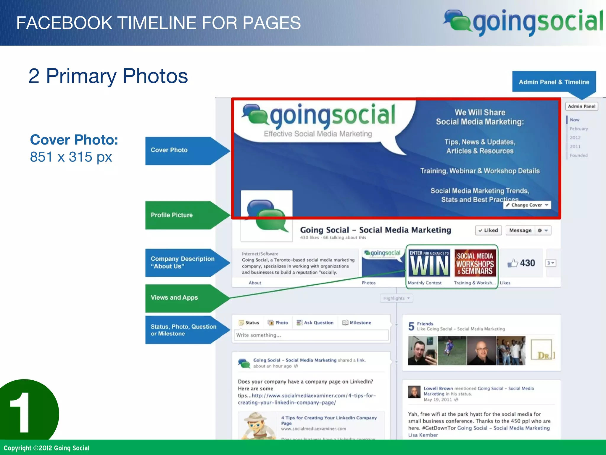 FACEBOOK TIMELINE FOR PAGES


        2 Primary Photos

        Cover Photo:
        851 x 315 px




1
Copyright ©2012 Going Social
 