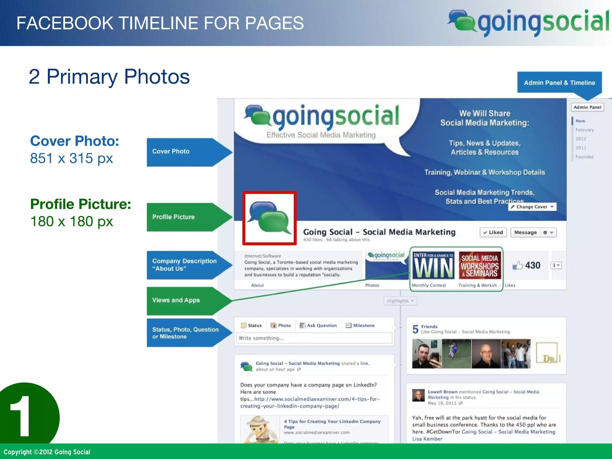 FACEBOOK TIMELINE FOR PAGES


        2 Primary Photos

        Cover Photo:
        851 x 315 px


        Profile Picture:
        180 x 180 px




1
Copyright ©2012 Going Social
 
