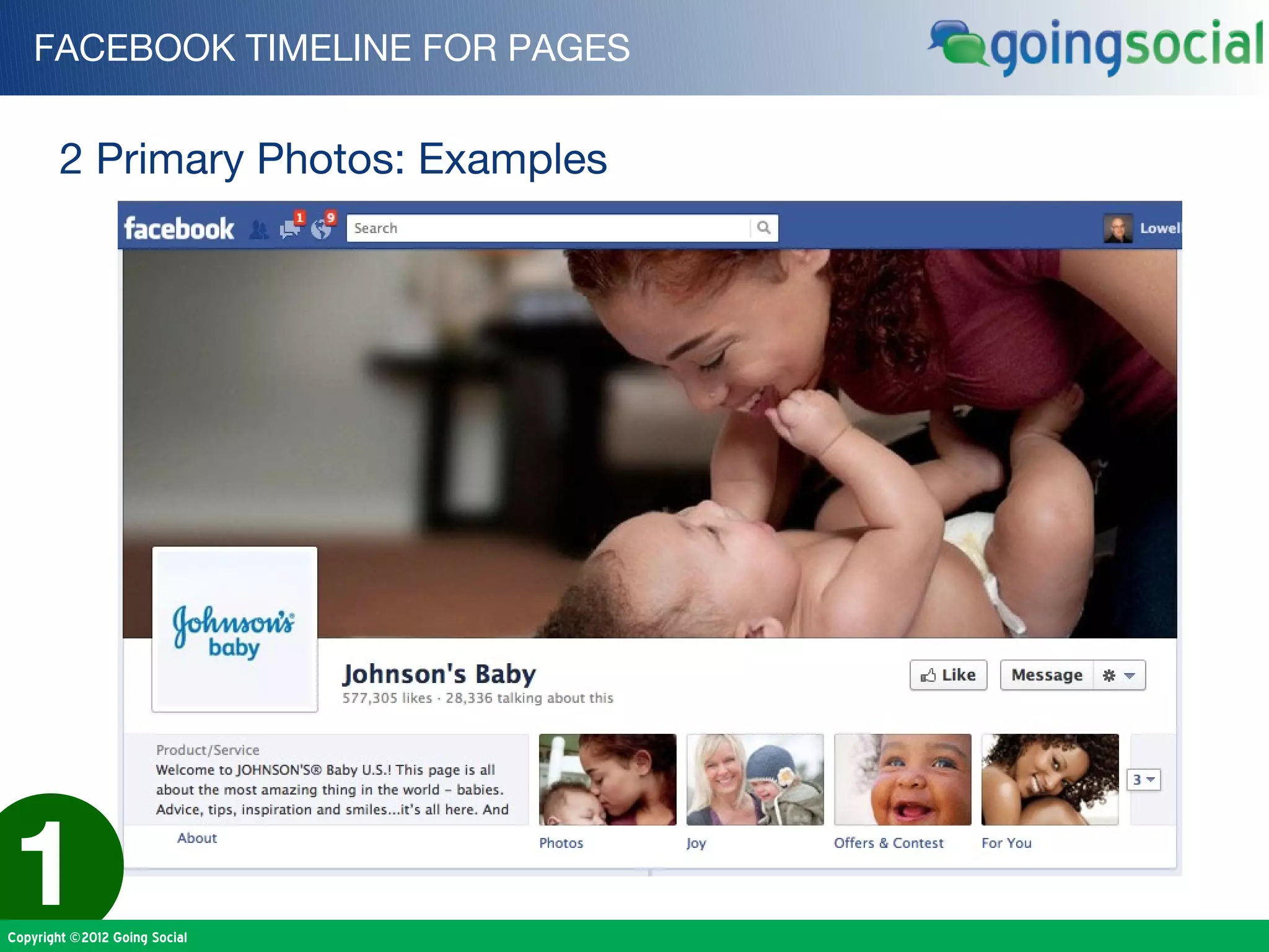 FACEBOOK TIMELINE FOR PAGES


        2 Primary Photos: Examples




1
Copyright ©2012 Going Social
 