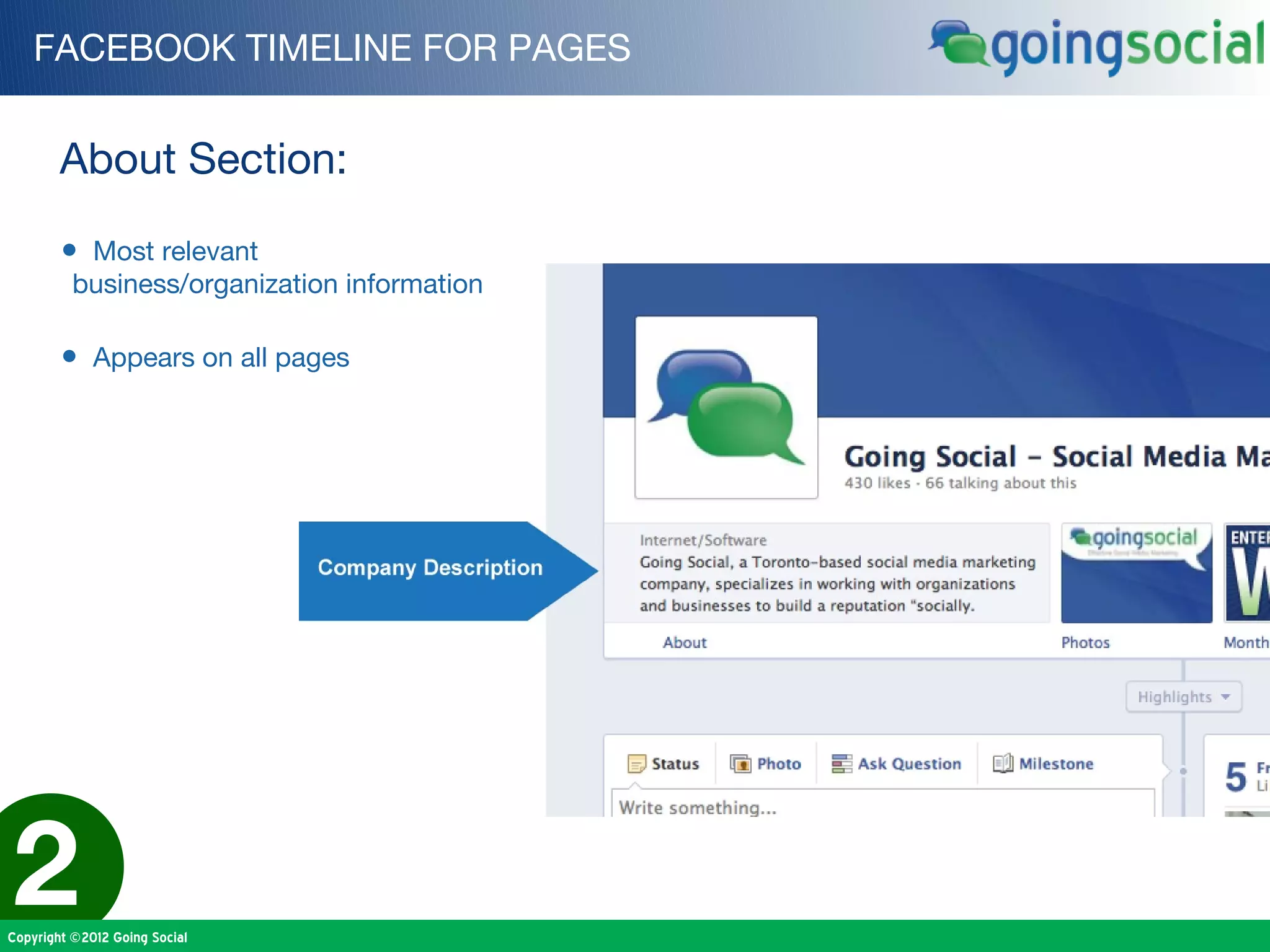 FACEBOOK TIMELINE FOR PAGES


        About Section:

        • Most relevant
          business/organization information

        • Appears on all pages




2
Copyright ©2012 Going Social
 