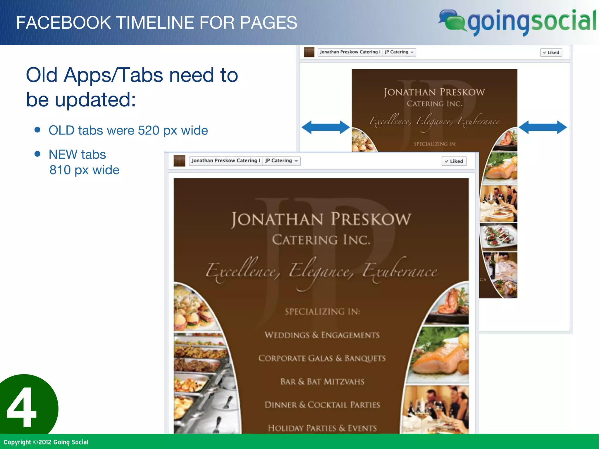 FACEBOOK TIMELINE FOR PAGES


       Old Apps/Tabs need to
       be updated:
         • OLD tabs were 520 px wide
         • NEW tabs
               810 px wide




4
Copyright ©2012 Going Social
 