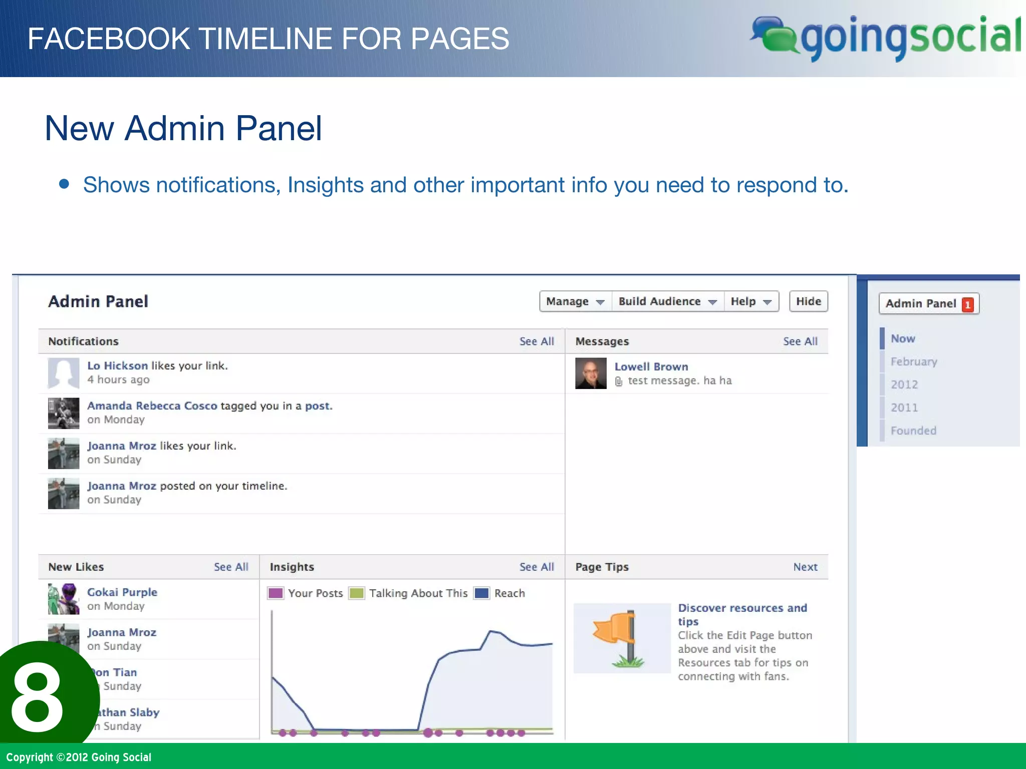 FACEBOOK TIMELINE FOR PAGES


       New Admin Panel
         • Shows notifications, Insights and other important info you need to respond to.




8
Copyright ©2012 Going Social
 