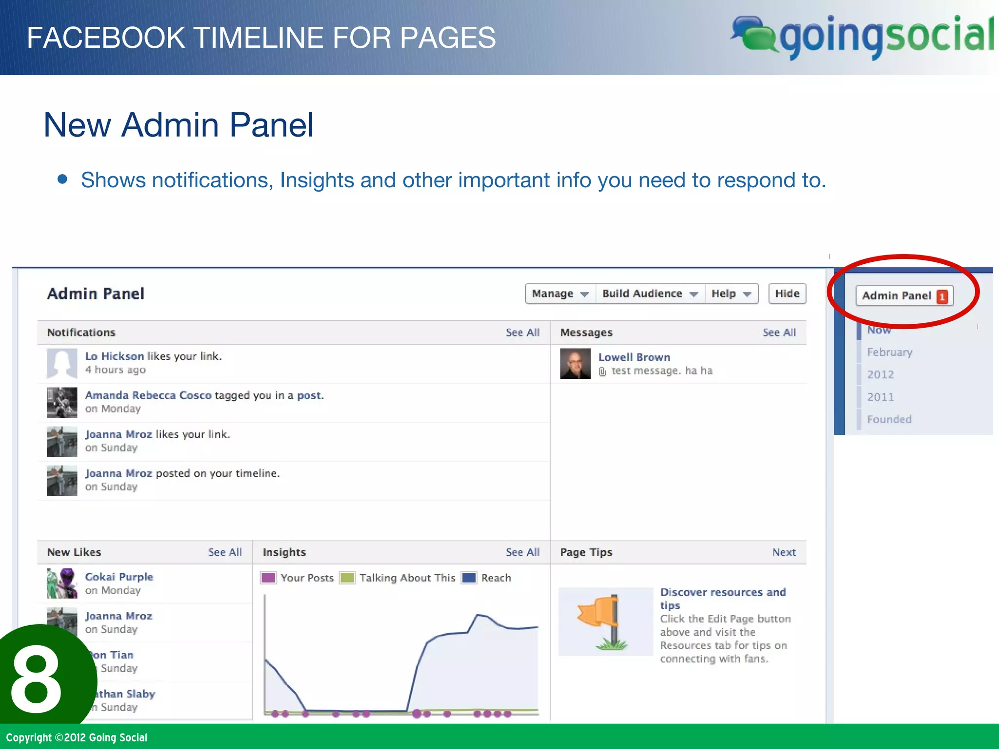 FACEBOOK TIMELINE FOR PAGES


       New Admin Panel
         • Shows notifications, Insights and other important info you need to respond to.




8
Copyright ©2012 Going Social
 