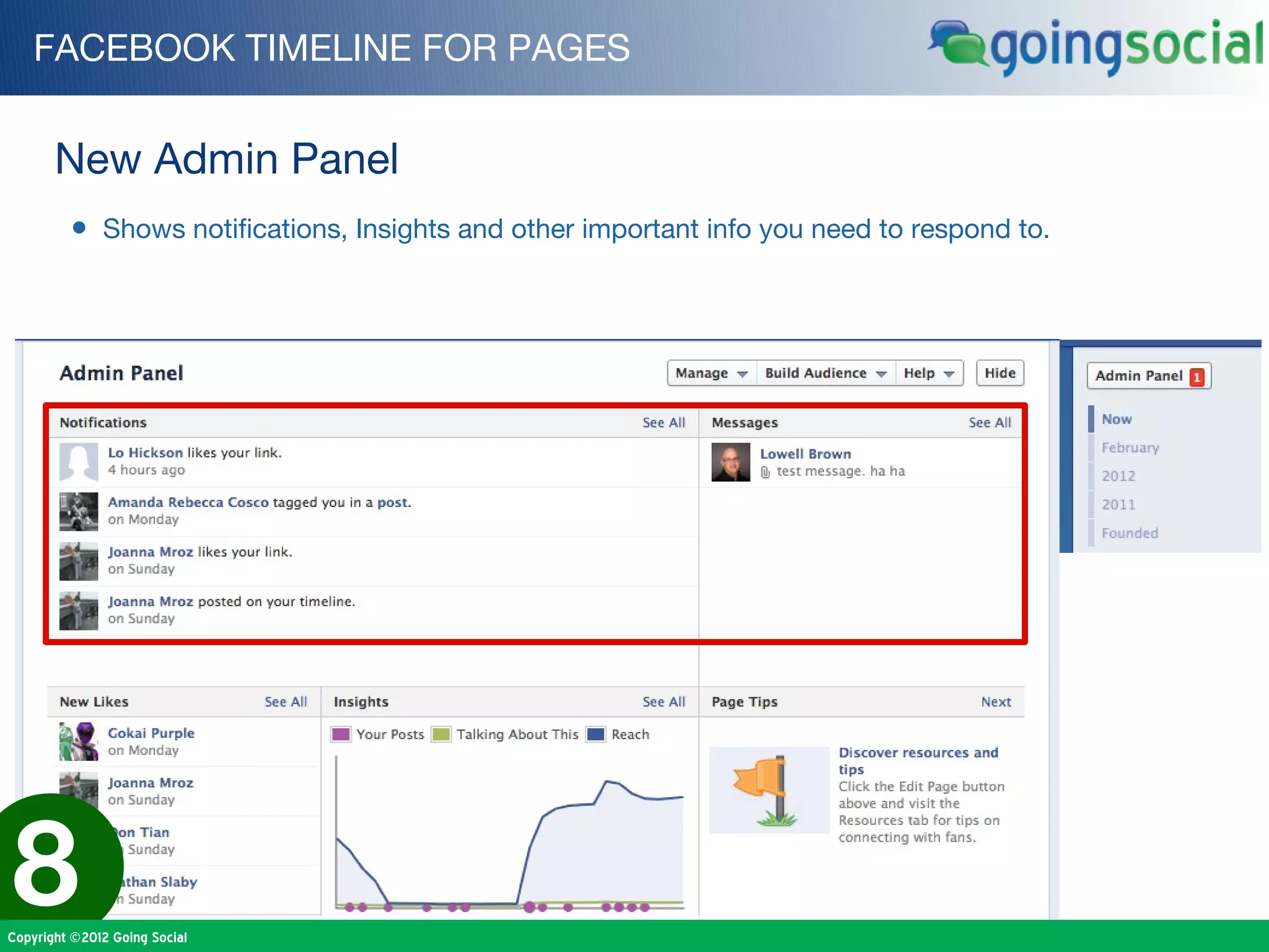 FACEBOOK TIMELINE FOR PAGES


       New Admin Panel
         • Shows notifications, Insights and other important info you need to respond to.




8
Copyright ©2012 Going Social
 