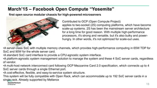 March’15 – Facebook Open Compute “Yosemite”
13
first open source modular chassis for high-powered microservers
Contributed to OCP (Open Compute Project)
applies to two-socket (2S) computing platforms, which have become
scale-up systems. 2S has been the mainstream server architecture
for a long time for good reason. With multiple high-performance
processors, it's strong and versatile, but it's also bulky and power-
hungry. In other words, it's not optimized for scale-out uses.
•A server-class SoC with multiple memory channels, which provides high-performance computing in 65W TDP for
SoC and 90W for the whole server card.
•A standard SoC card interface to provide a CPU-agnostic system interface.
•A platform-agnostic system management solution to manage the system and these 4 SoC server cards, regardless
of vendor.
•A multi-host network interconnect card following OCP Mezzanine Card 2.0 specification, which connects up to 4
SoC server cards through a single Ethernet port.
•A cost-effective, flexible, and easy-to-service system structure.
This system will be fully compatible with Open Rack, which can accommodate up to 192 SoC server cards in a
single rack. Already supported by Mellanox
 