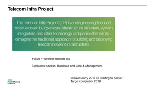 Telecom Infra Project
Focus = Wireless towards 5G
3 projects: Access, Backhaul and Core & Management
Initiated ear;y 2016 => starting to deliver
Target completion 2018
 